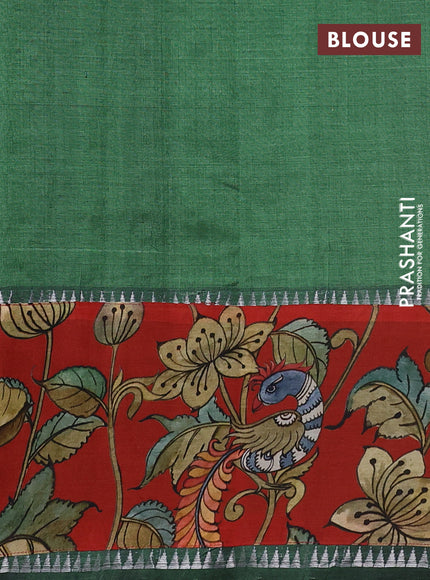 Mangalgiri silk cotton saree green and red with plain body and temple design kalamkari printed applique border