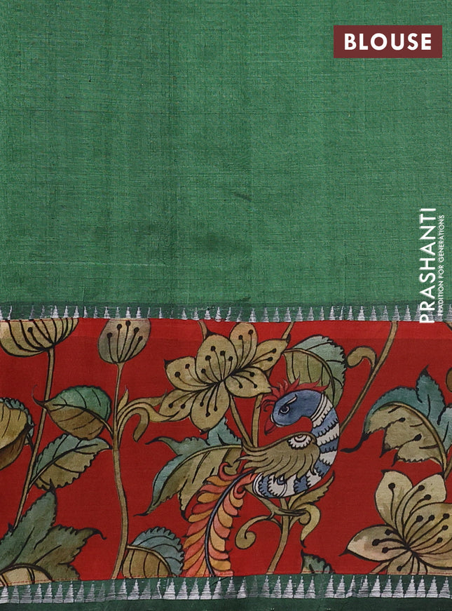 Mangalgiri silk cotton saree green and red with plain body and temple design kalamkari printed applique border