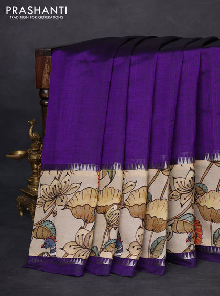 Mangalgiri silk cotton saree violet and beige with plain body and temple design kalamkari printed applique border
