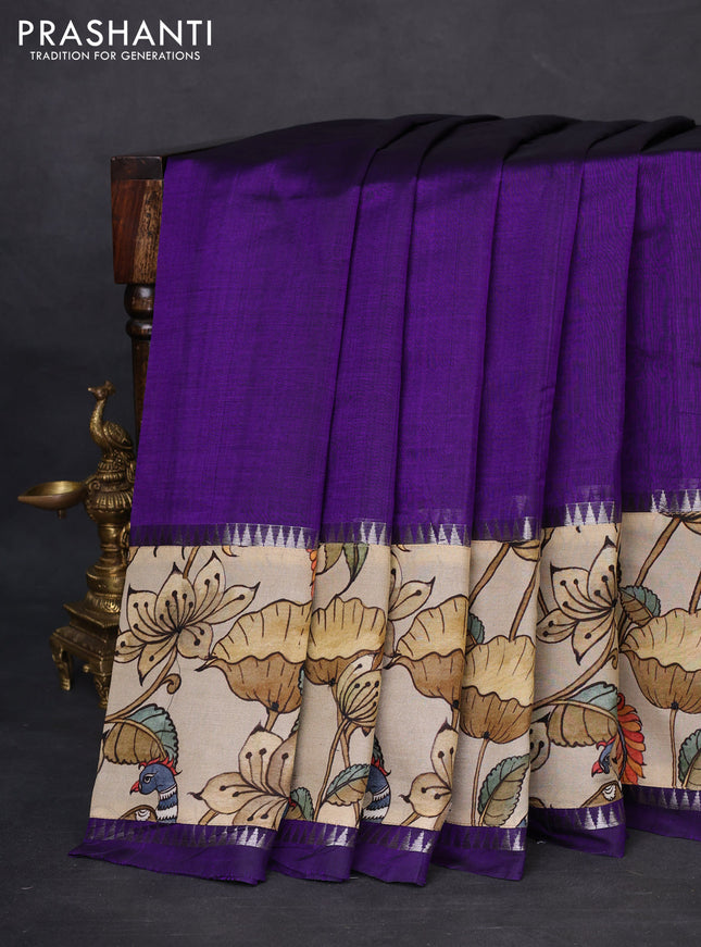 Mangalgiri silk cotton saree violet and beige with plain body and temple design kalamkari printed applique border