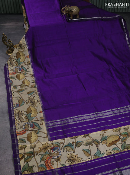 Mangalgiri silk cotton saree violet and beige with plain body and temple design kalamkari printed applique border