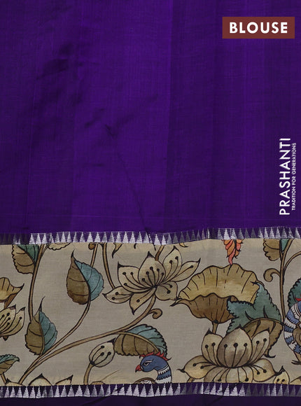Mangalgiri silk cotton saree violet and beige with plain body and temple design kalamkari printed applique border