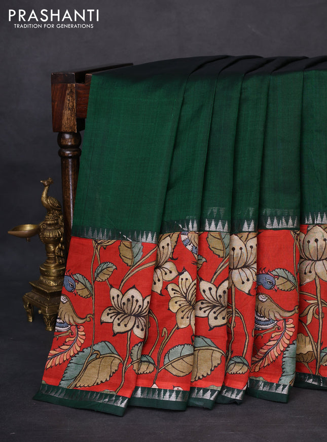 Mangalgiri silk cotton saree dark green and red with plain body and temple design kalamkari printed applique border