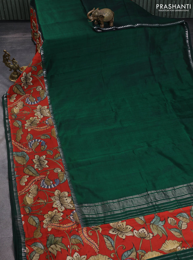 Mangalgiri silk cotton saree dark green and red with plain body and temple design kalamkari printed applique border