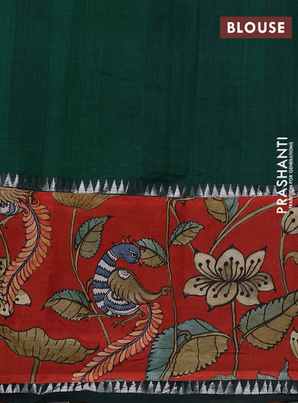 Mangalgiri silk cotton saree dark green and red with plain body and temple design kalamkari printed applique border