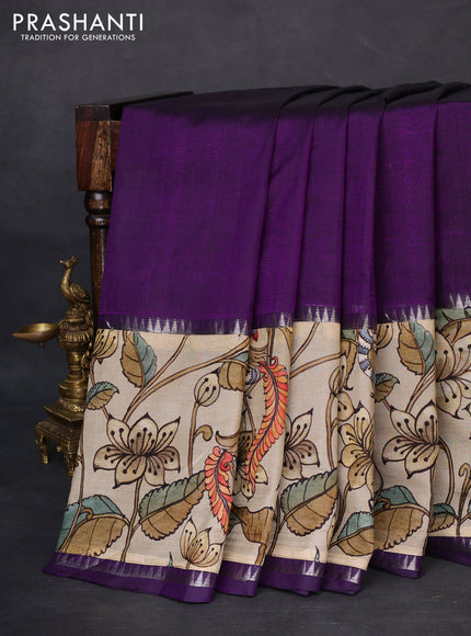 Mangalgiri silk cotton saree violet and beige with plain body and temple design kalamkari printed applique border
