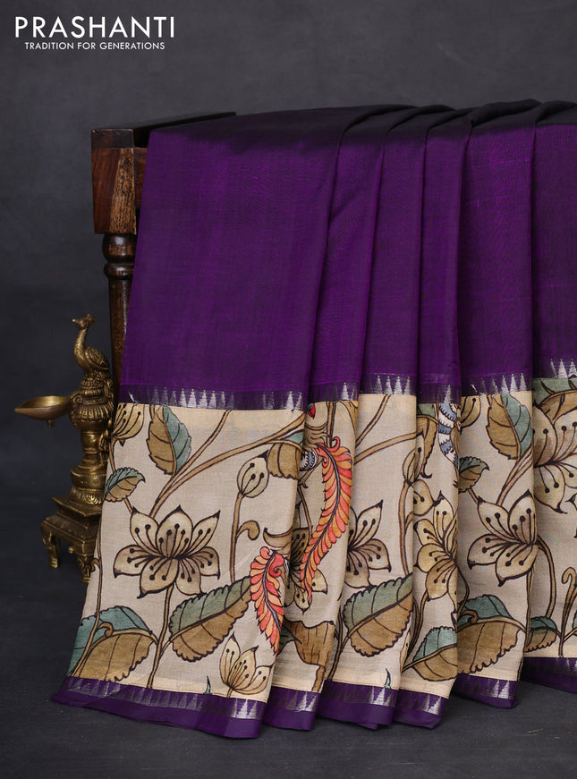 Mangalgiri silk cotton saree violet and beige with plain body and temple design kalamkari printed applique border