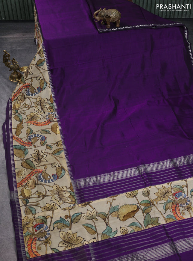 Mangalgiri silk cotton saree violet and beige with plain body and temple design kalamkari printed applique border