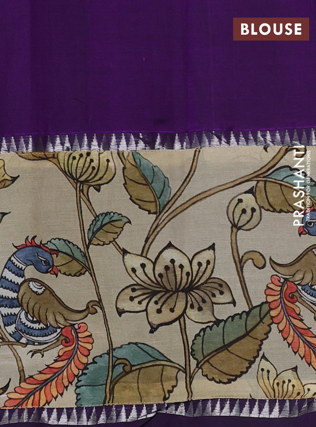 Mangalgiri silk cotton saree violet and beige with plain body and temple design kalamkari printed applique border