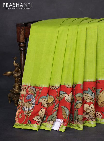Mangalgiri silk cotton saree light green and red with plain body and temple design kalamkari printed applique border