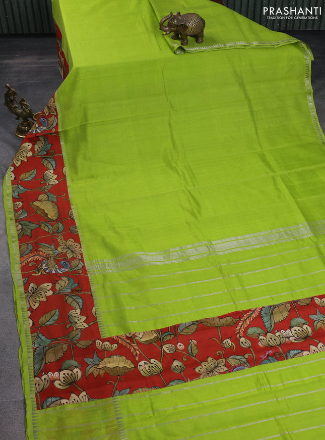 Mangalgiri silk cotton saree light green and red with plain body and temple design kalamkari printed applique border