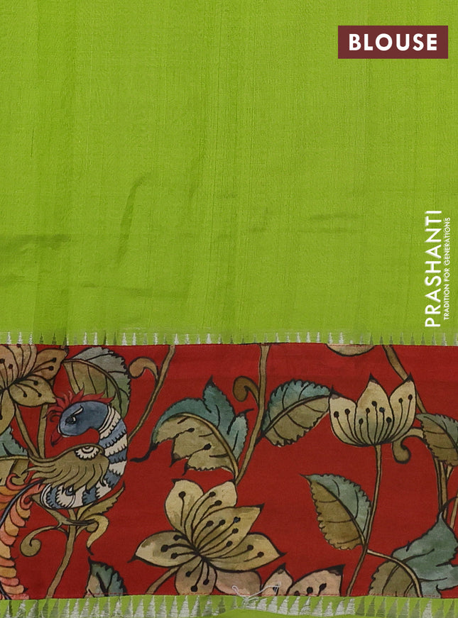 Mangalgiri silk cotton saree light green and red with plain body and temple design kalamkari printed applique border