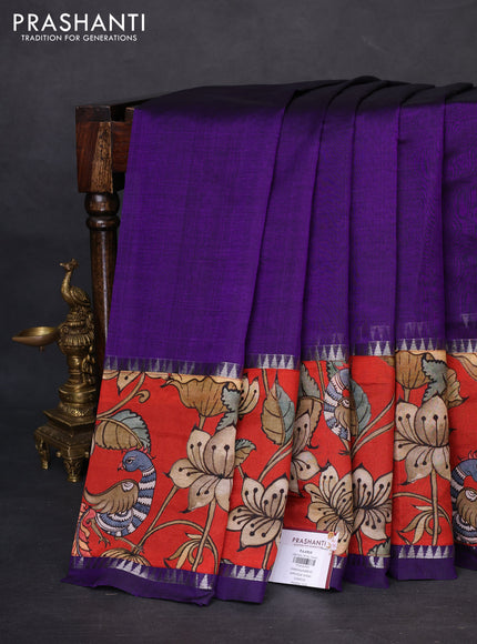 Mangalgiri silk cotton saree violet and red with plain body and temple design kalamkari printed applique border