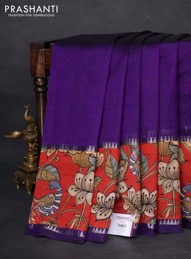 Mangalgiri silk cotton saree violet and red with plain body and temple design kalamkari printed applique border