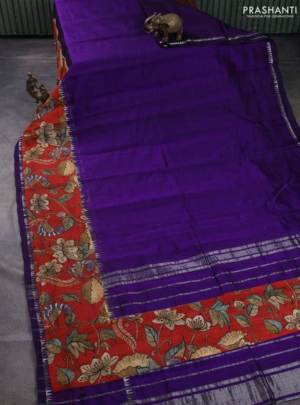Mangalgiri silk cotton saree violet and red with plain body and temple design kalamkari printed applique border