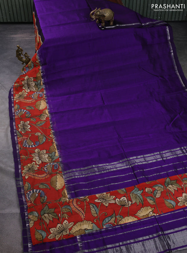 Mangalgiri silk cotton saree violet and red with plain body and temple design kalamkari printed applique border
