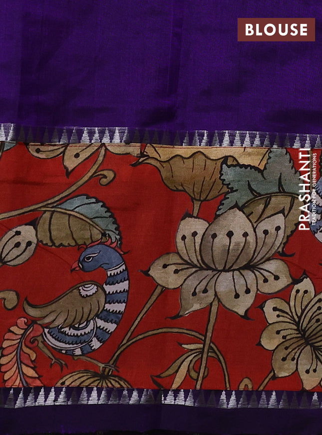 Mangalgiri silk cotton saree violet and red with plain body and temple design kalamkari printed applique border