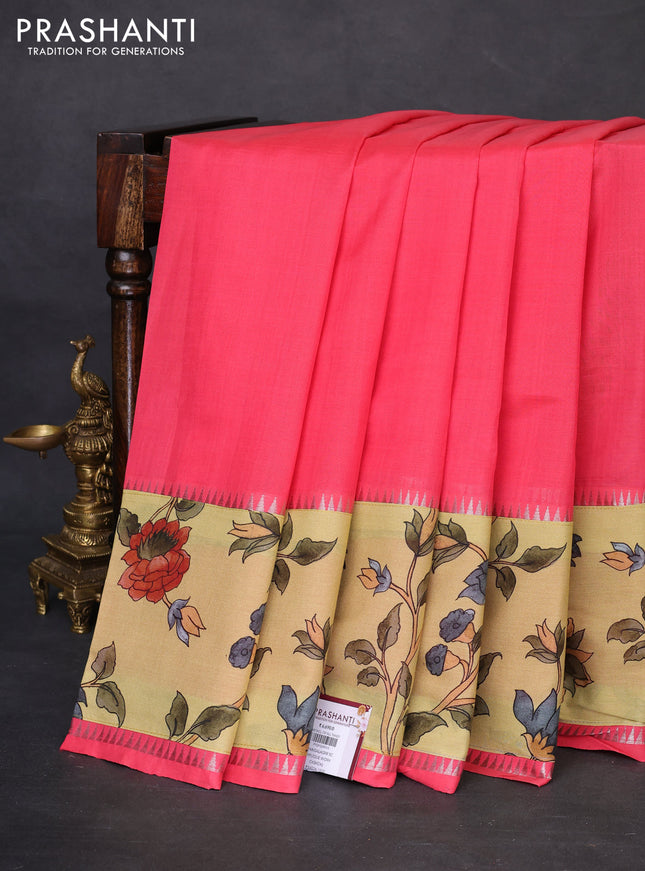 Mangalgiri silk cotton saree pink and pale yellow with plain body and temple design kalamkari printed applique border