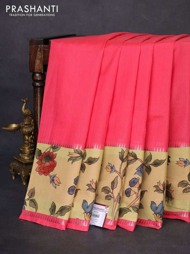 Mangalgiri silk cotton saree pink and pale yellow with plain body and temple design kalamkari printed applique border