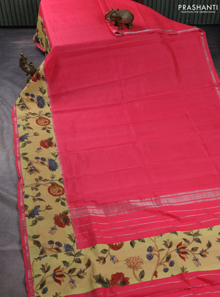 Mangalgiri silk cotton saree pink and pale yellow with plain body and temple design kalamkari printed applique border
