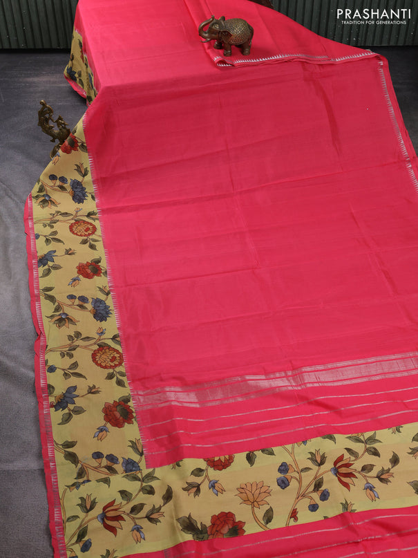 Mangalgiri silk cotton saree pink and pale yellow with plain body and temple design kalamkari printed applique border