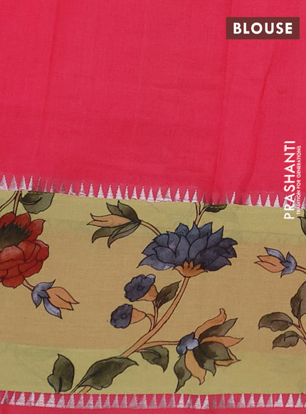 Mangalgiri silk cotton saree pink and pale yellow with plain body and temple design kalamkari printed applique border
