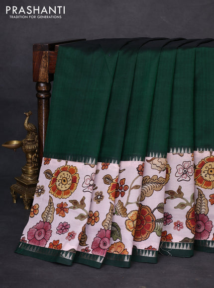 Mangalgiri silk cotton saree dark green and pastel shade with plain body and temple design kalamkari printed applique border