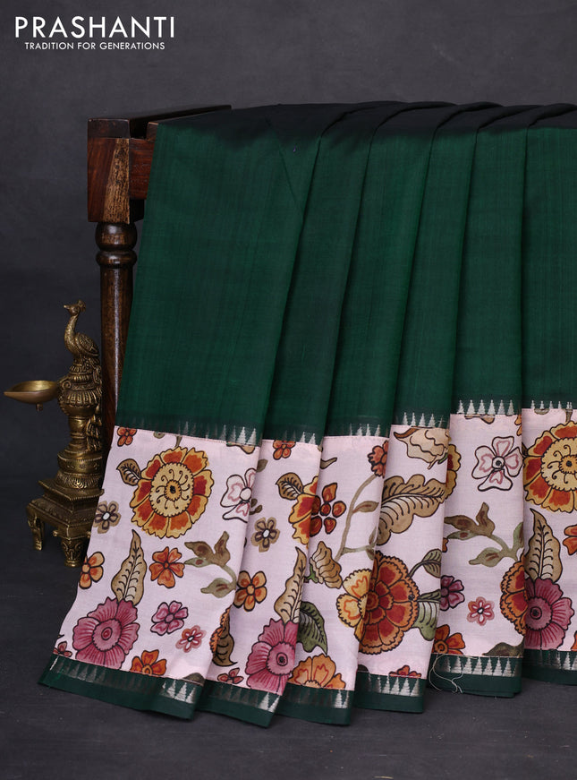 Mangalgiri silk cotton saree dark green and pastel shade with plain body and temple design kalamkari printed applique border