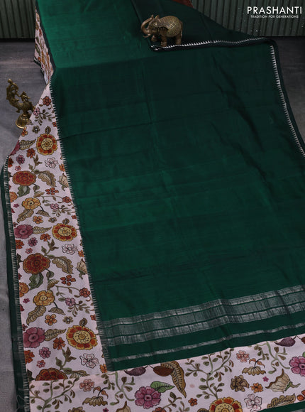 Mangalgiri silk cotton saree dark green and pastel shade with plain body and temple design kalamkari printed applique border