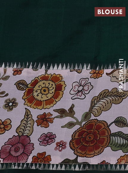 Mangalgiri silk cotton saree dark green and pastel shade with plain body and temple design kalamkari printed applique border
