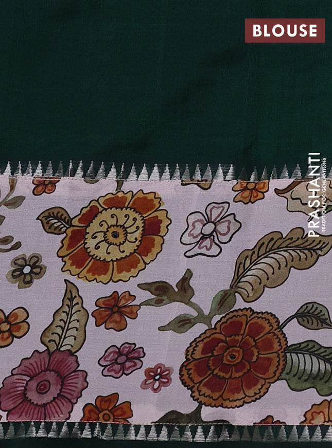 Mangalgiri silk cotton saree dark green and pastel shade with plain body and temple design kalamkari printed applique border