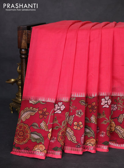 Mangalgiri silk cotton saree pink shade and maroon with plain body and temple design kalamkari printed applique border