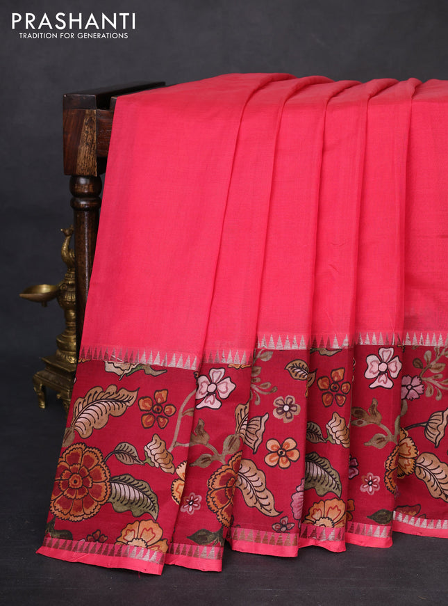 Mangalgiri silk cotton saree pink shade and maroon with plain body and temple design kalamkari printed applique border