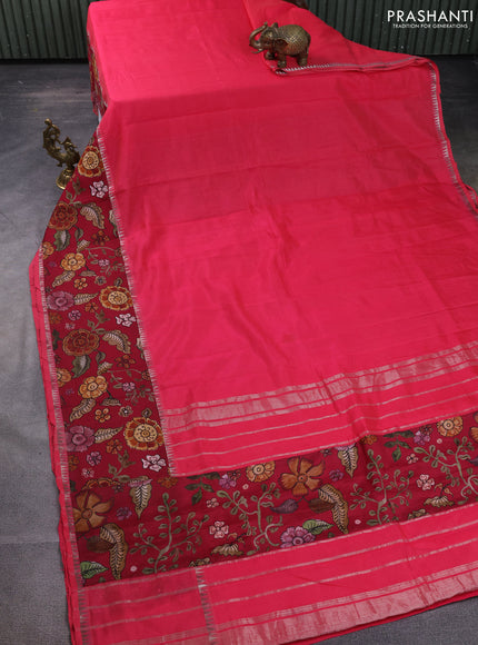 Mangalgiri silk cotton saree pink shade and maroon with plain body and temple design kalamkari printed applique border