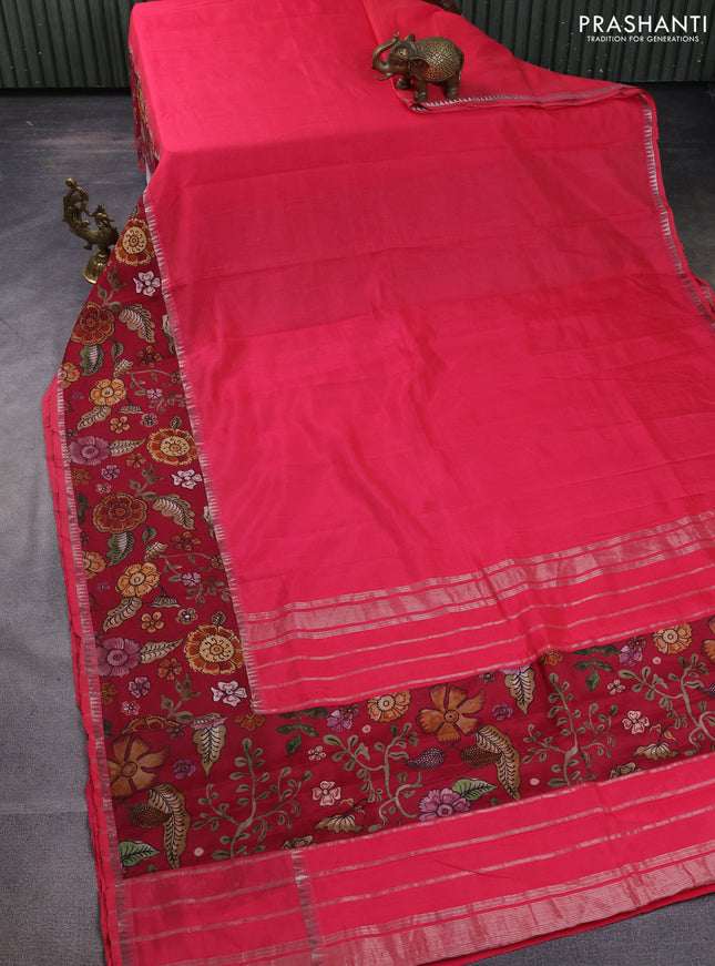 Mangalgiri silk cotton saree pink shade and maroon with plain body and temple design kalamkari printed applique border