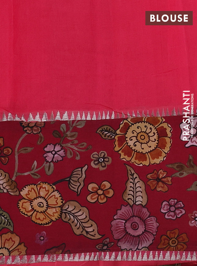Mangalgiri silk cotton saree pink shade and maroon with plain body and temple design kalamkari printed applique border