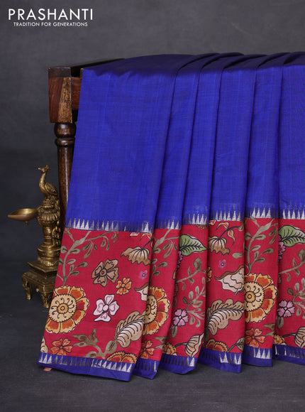 Mangalgiri silk cotton saree blue and maroon with plain body and temple design kalamkari printed applique border