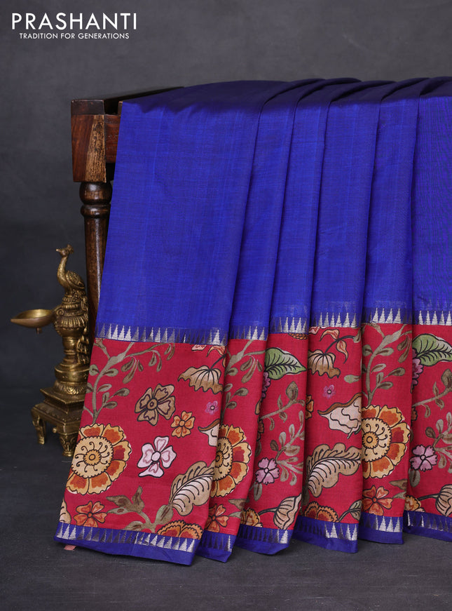 Mangalgiri silk cotton saree blue and maroon with plain body and temple design kalamkari printed applique border