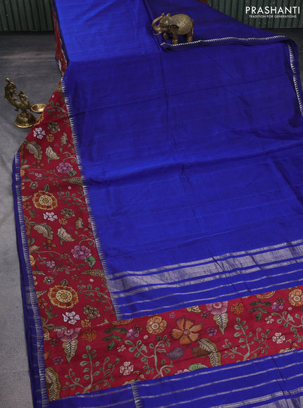 Mangalgiri silk cotton saree blue and maroon with plain body and temple design kalamkari printed applique border