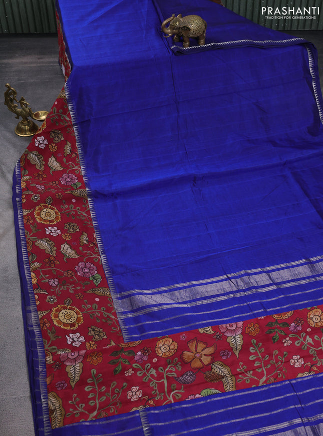 Mangalgiri silk cotton saree blue and maroon with plain body and temple design kalamkari printed applique border