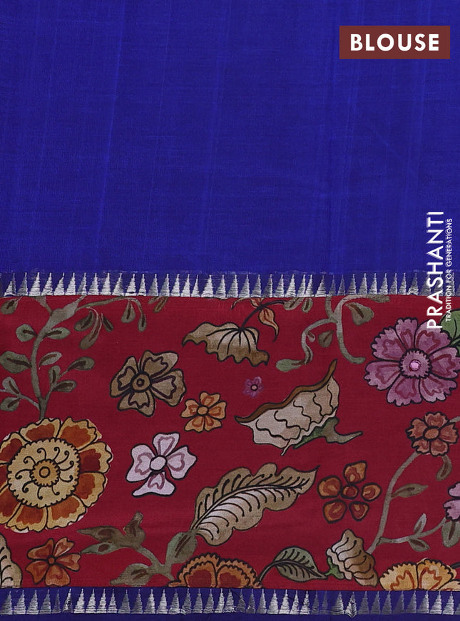 Mangalgiri silk cotton saree blue and maroon with plain body and temple design kalamkari printed applique border