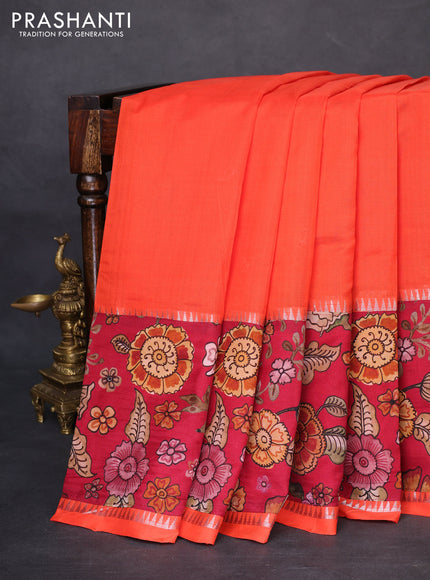 Mangalgiri silk cotton saree orange and maroon with plain body and temple design kalamkari printed applique border