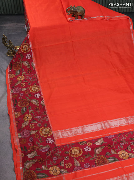 Mangalgiri silk cotton saree orange and maroon with plain body and temple design kalamkari printed applique border