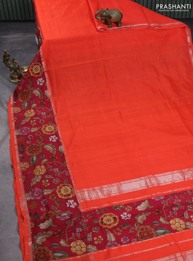 Mangalgiri silk cotton saree orange and maroon with plain body and temple design kalamkari printed applique border