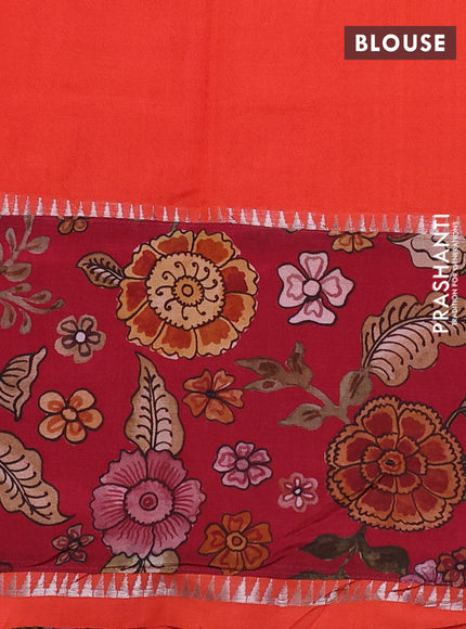 Mangalgiri silk cotton saree orange and maroon with plain body and temple design kalamkari printed applique border
