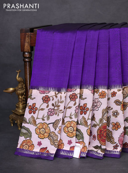 Mangalgiri silk cotton saree violet and pastel pink with plain body and temple design kalamkari printed applique border