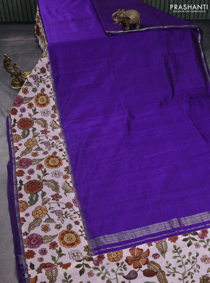 Mangalgiri silk cotton saree violet and pastel pink with plain body and temple design kalamkari printed applique border