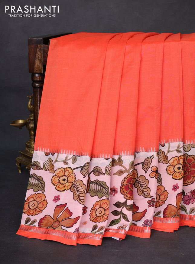 Mangalgiri silk cotton saree orange and pastel pink with plain body and temple design kalamkari printed applique border