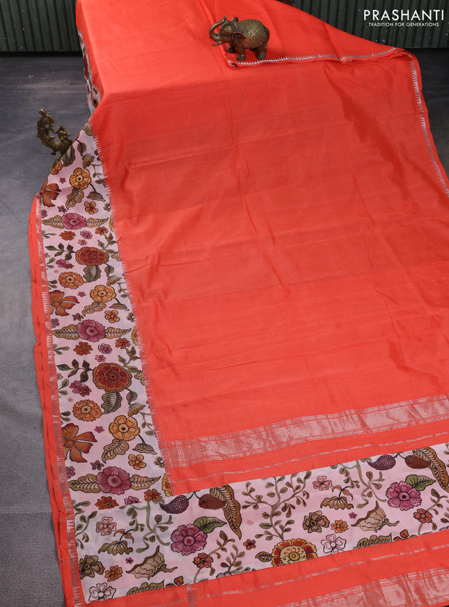 Mangalgiri silk cotton saree orange and pastel pink with plain body and temple design kalamkari printed applique border
