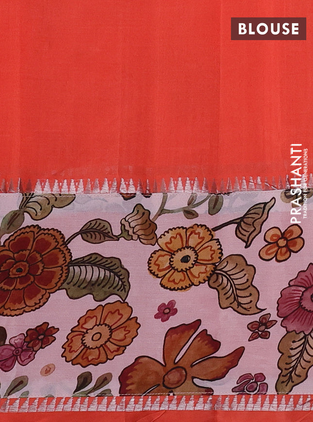 Mangalgiri silk cotton saree orange and pastel pink with plain body and temple design kalamkari printed applique border
